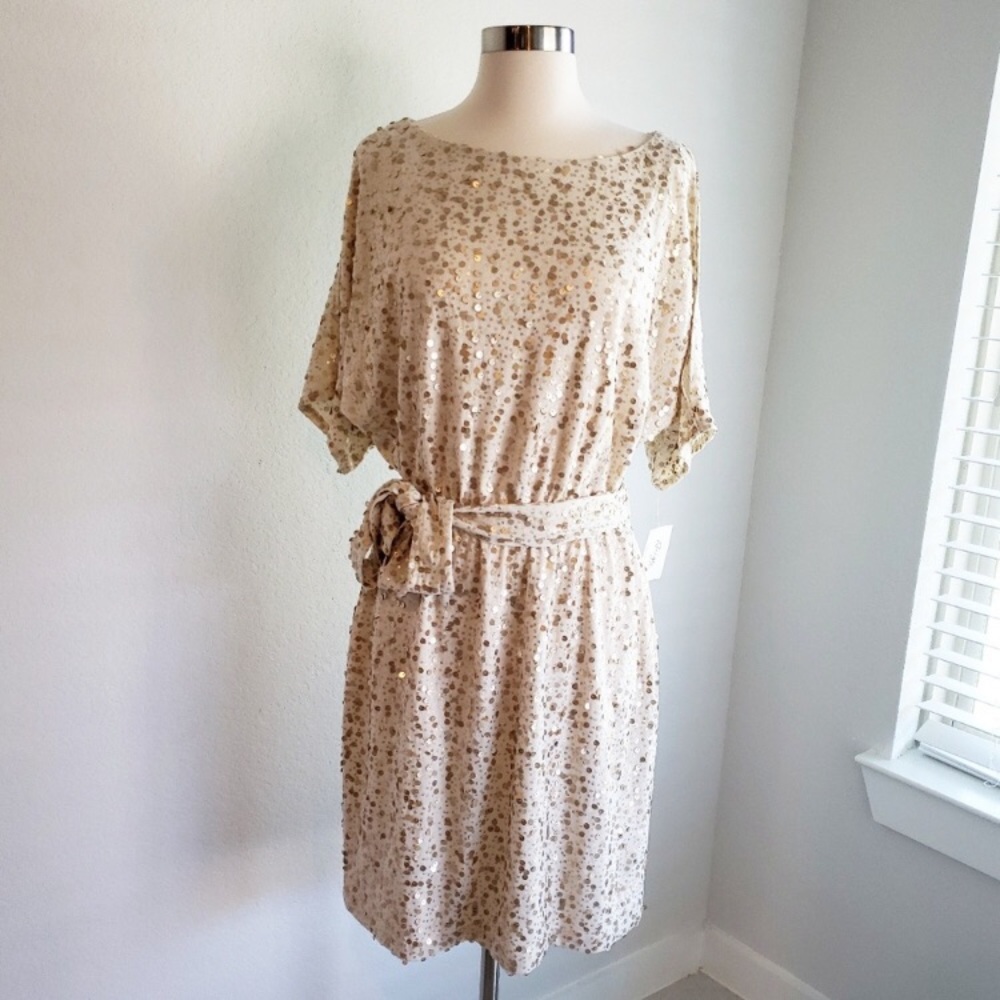 ECI Sequin Dress Midi Beige Split Sleeve NWT 10